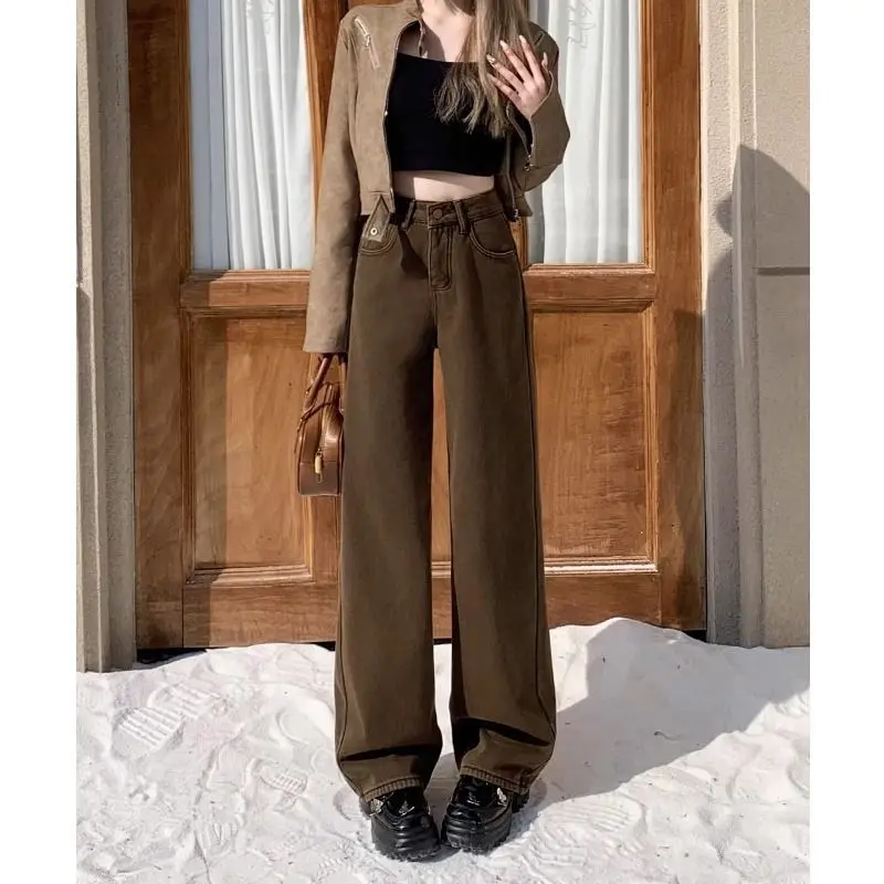 

Джинсы женские с высокой талией, широкими штанинами, прямого кроя, стройнящие, в американском стиле, цветные, на все сезоны, свободного кроя, длиной в пол, модель 2025 года