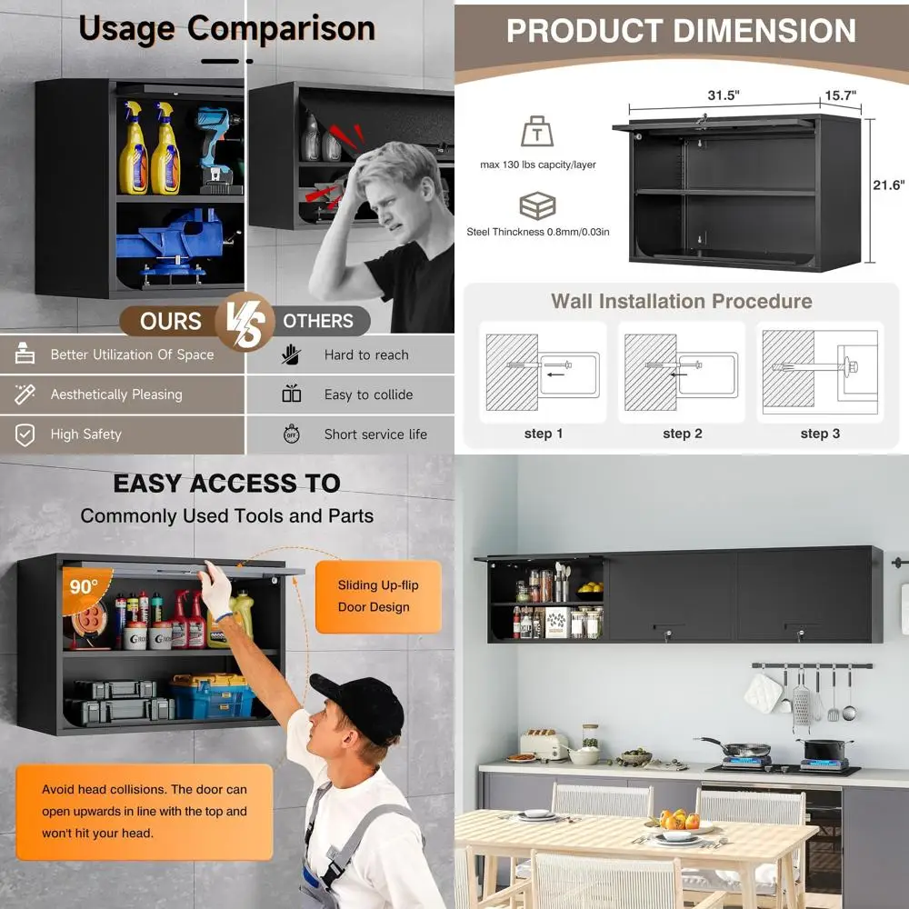 

Черный металлический настенный шкаф с запирающейся дверцей и полкой, подходит для гаража, склада, дома или офиса, требуется сборка.