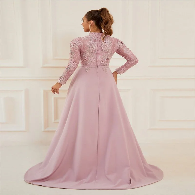 MULONG Modest Satin Mother of the Bride Dresses Hight-Neck Long Sleeves Formal Evening Gowns Floor Length Mother of the Bride