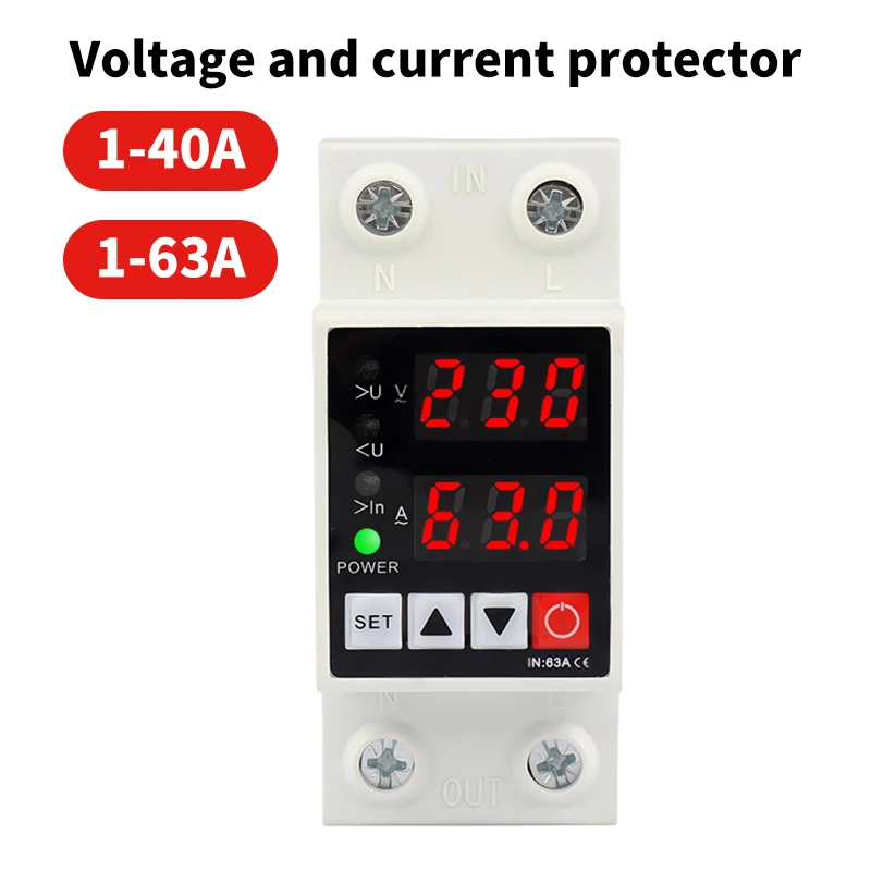 40A/63A Auto Reclosing Over Under Voltage Protector - Dual Display Voltage Protector with Overload & Current Limit Protection
