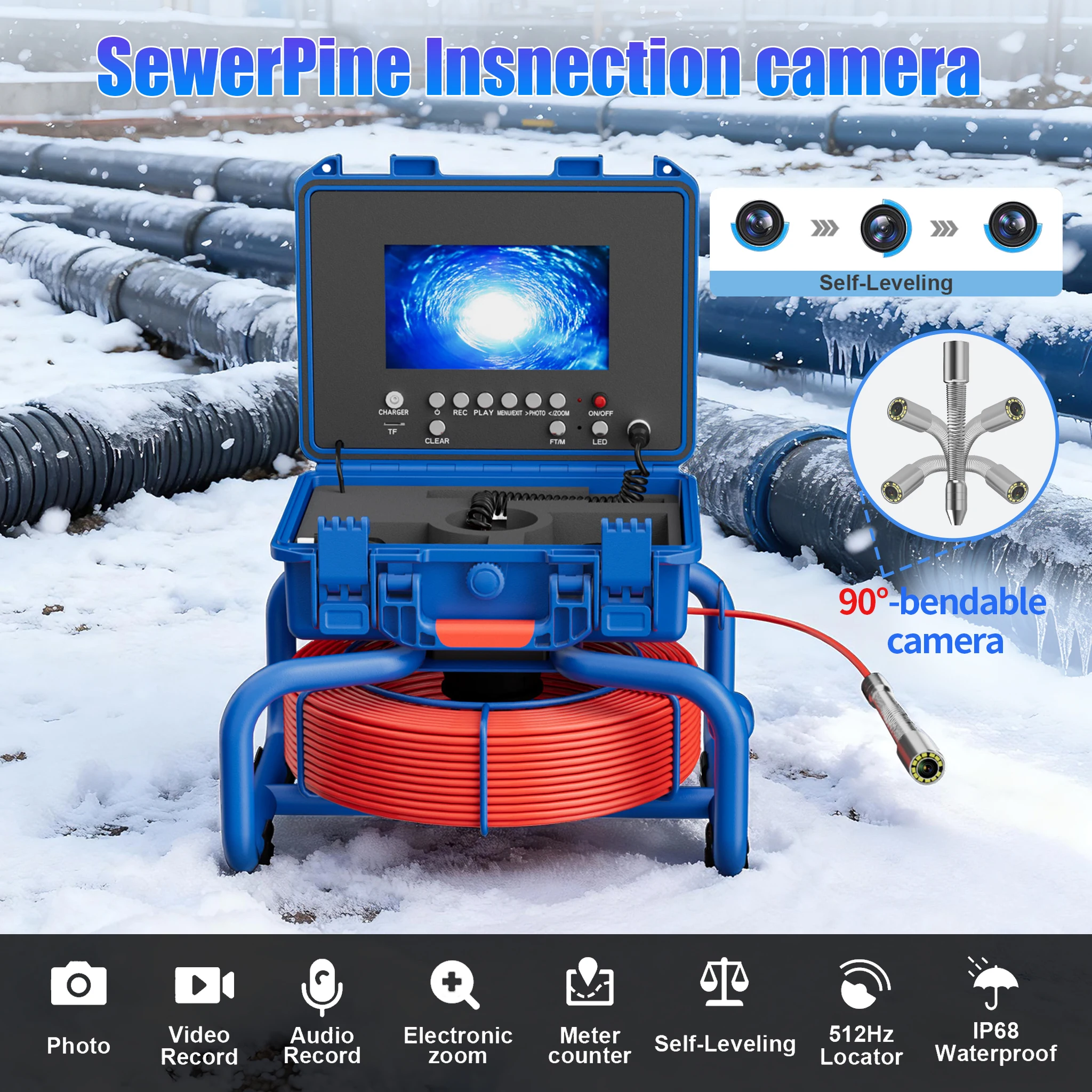 

GAMWATER 7Inch IPS Sewer Camera Inspection Kit with 5MM Resolution Auto Leveling DVR Recording 512Hz RF Transmitter Locator