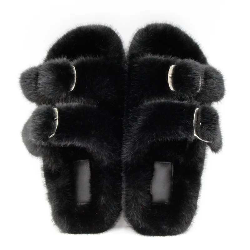 الشتاء رقيق النعال امرأة نعال تدفئة أفخم الفراء الصنادل الفراء المنزلق الأزواج موجزة المنزل أحذية قطنية في الهواء الطلق رقيق الشرائح