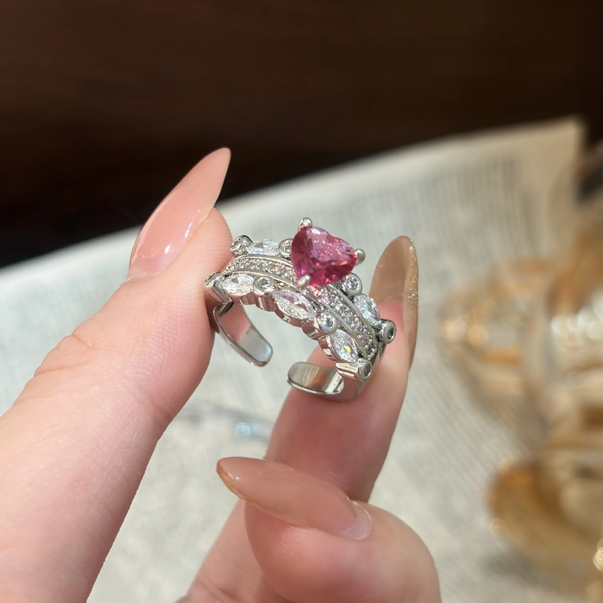 Silver Plated Crown Heart Pink CZ Ring, Multi-layer Marquise Zircon Open Adjustable Ring, Luxury Princess Statement Jewelry