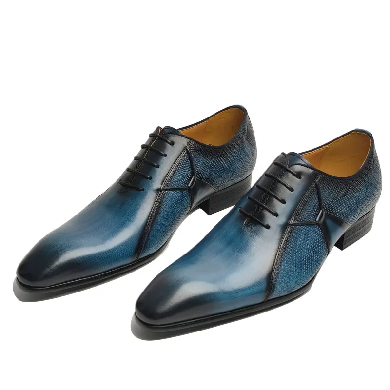 Классические синие мужские туфли ручной работы, оксфорды, деловые офисные деловые кожаные туфли на шнуровке, оптовая продажа, модные модельные мужские туфли с острым носком Классические синие мужские туфли ручной работы, оксфорды, деловые офисные деловые кожаные туфли на шнуровке, оптовая продажа, модные модельные мужские туфли с острым носком