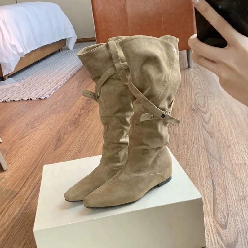 Internal-heel suede stacked tall women's boots, autumn and winter, with added fleece, Melard slimming long boots