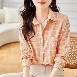 Cotton Thin Plaid Long-sleeved Button Shirt Women Summer Loose Design Niche Top Sun Protection Clothing Retro Blouses Shirt