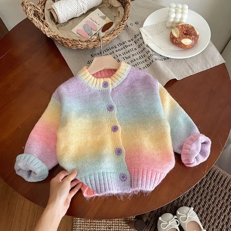 Girls Gradient Thickened Sweater 2024 Children Stylish Winter Korean Top Girls Rainbow Round Neck Knitted Sweater