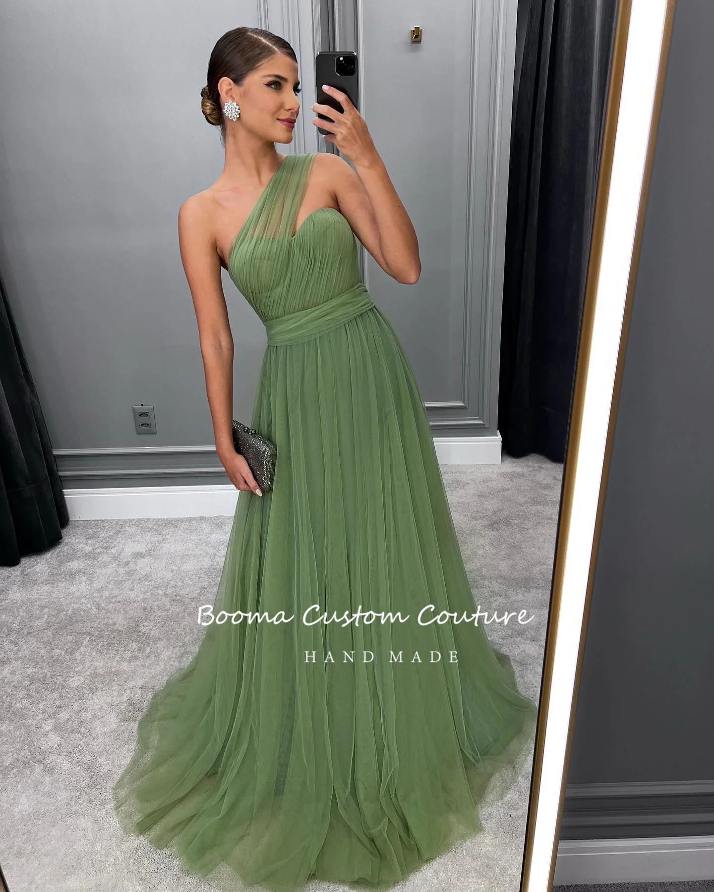 Booma-simples verde Tulle A-Line Prom Dresses, um ombro querida plissado Maxi Vestidos de noite, longos vestidos de festa formais