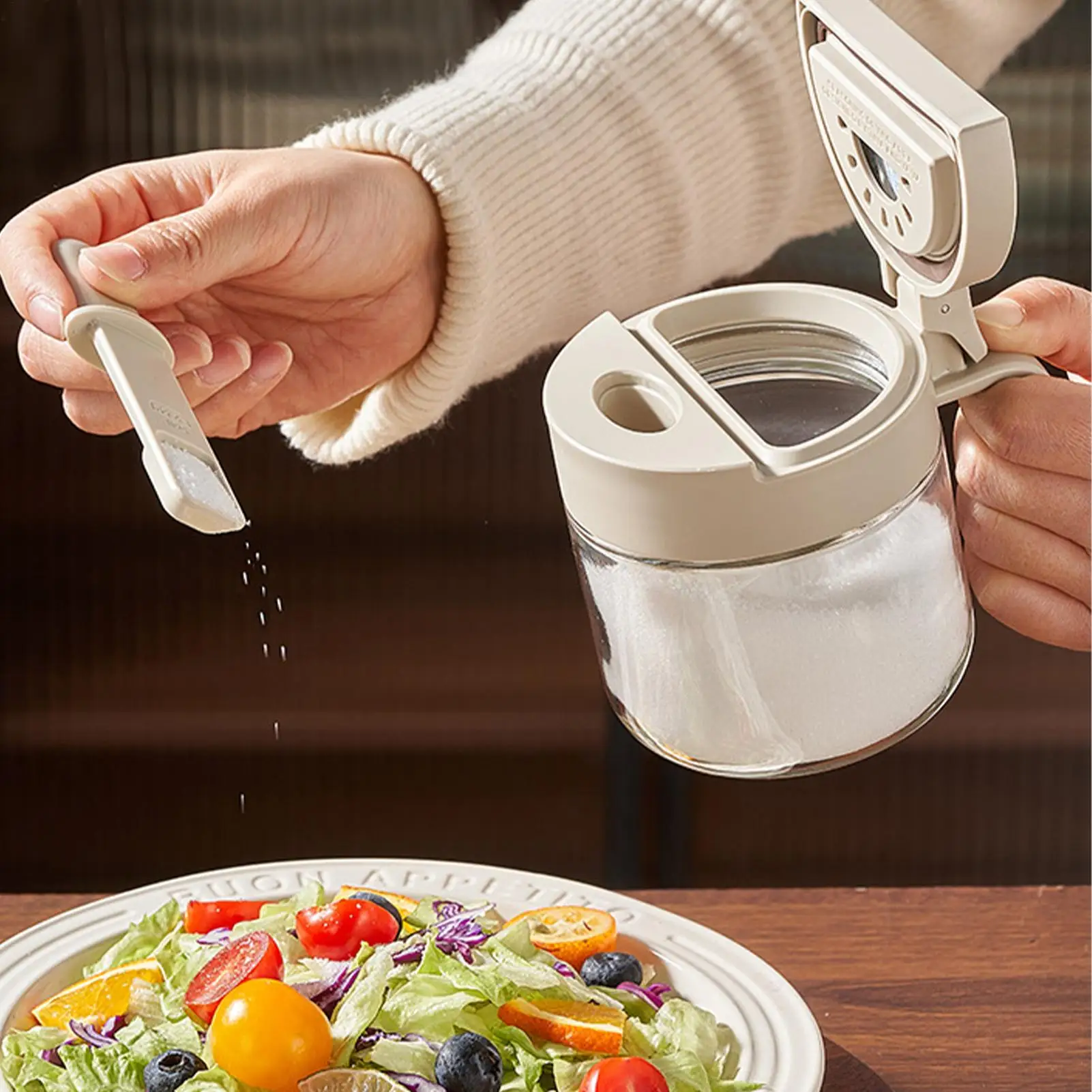 Transparent Seasoning Jar Household Flip Cover with Spoon Chicken Essence Salt, Kitchen Monosodium Glutamate Seasoning Box