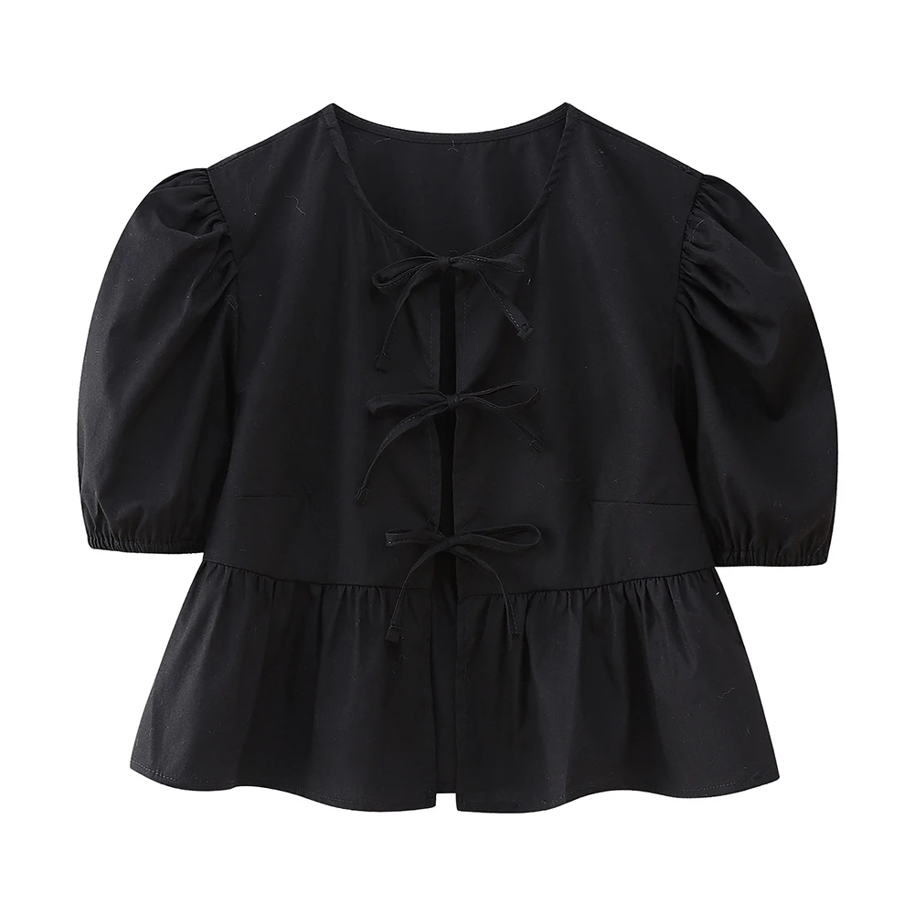 Blouse Shirt 1pcs Lace Up Long Sleeve O-Neck Polyester Solid Color Spring Summer Daily Dating Going Out Fashion