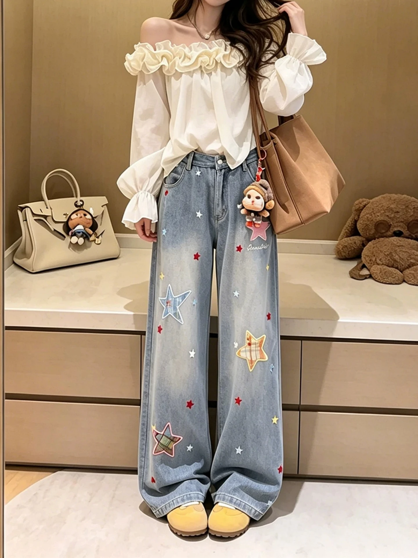 Retro American Washed Star Embroidery Straight Leg Jeans Women Summer Trend Loose High Street Wide Leg Pants Street Micro Flare