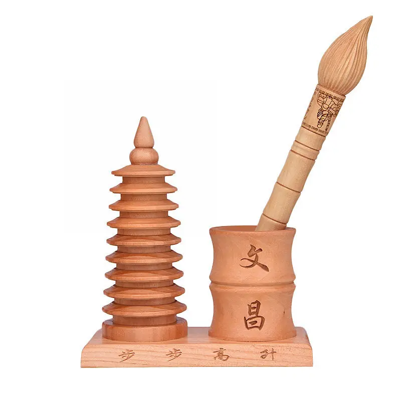 Peach Wood Wenchang Pagoda Brush Pot Student Office Decor