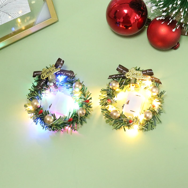 1Pc New 1:12 1/6 Dollhouse Miniature Mini Christmas Garland Wreath with Light Model Dollhouse Decor Accessories