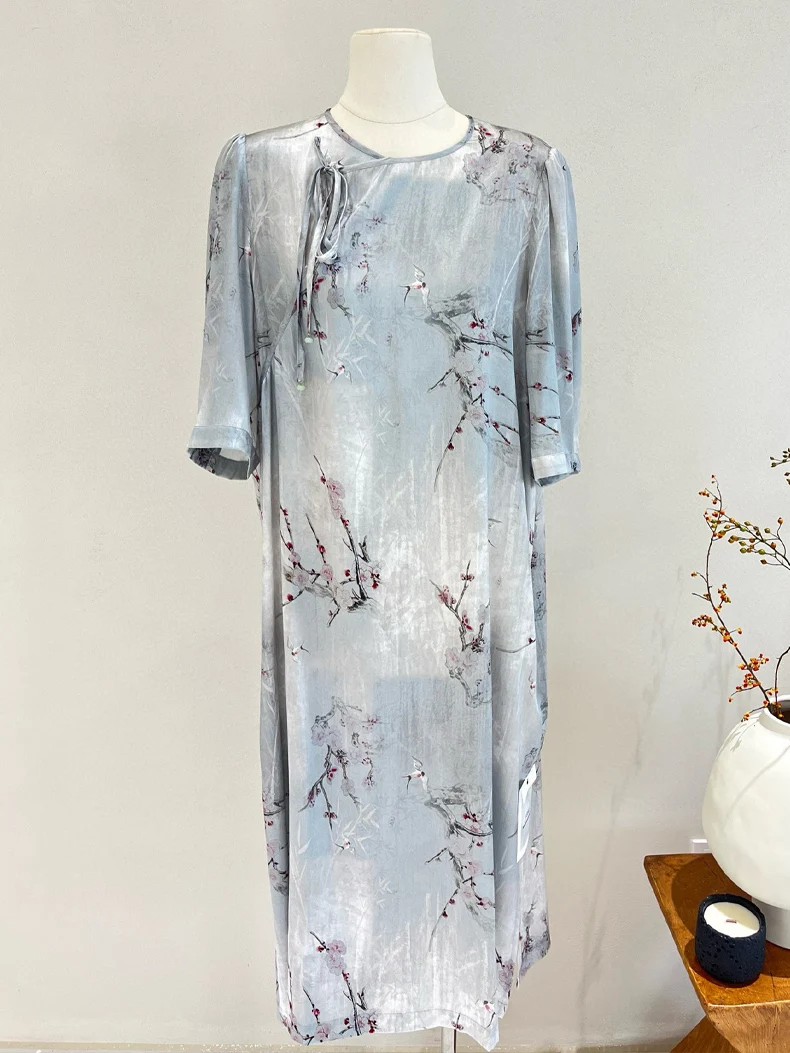 SuyaDream, Woman Floral Dress, 90%Real Silk, Round Neck, Elegant Long Dresses, Straight, 2025 Spring Summer Cloth