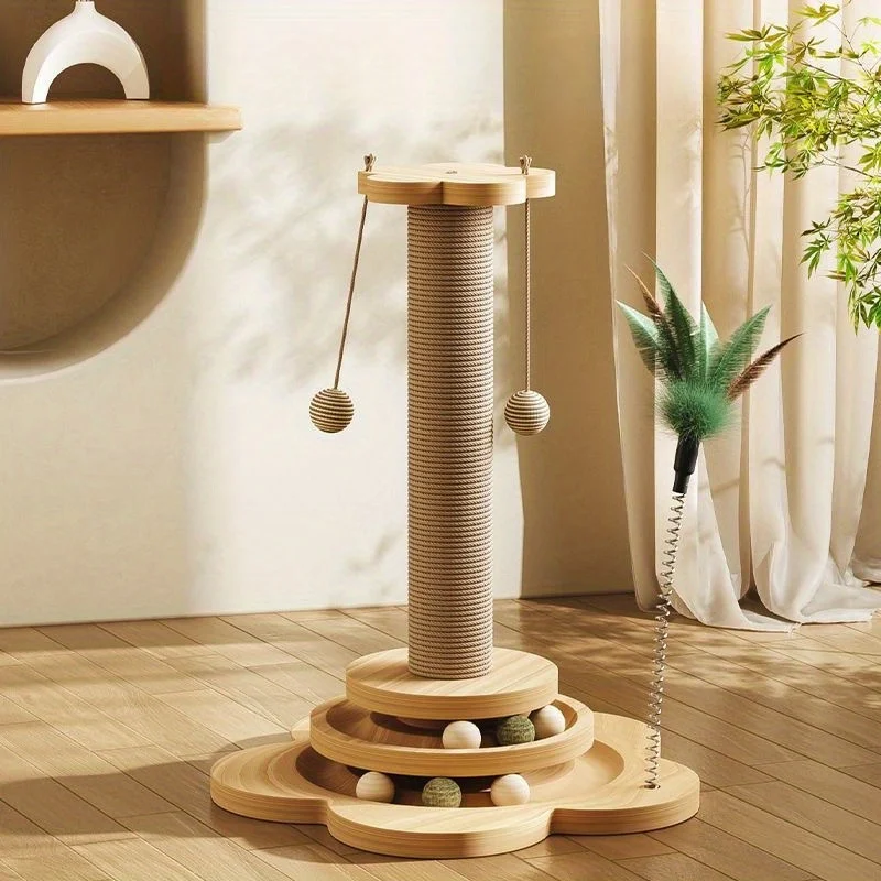 3-in-1 interaktives Katzenspielzeug mit Jute-Kratzbaum – Kugelbahn und hängendem Federspielzeug, multifunktionales Katzenaktivitätszentrum