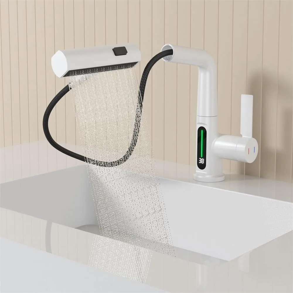 Robinet extractible pour salle de bain, évier de lavabo à poignée unique, buse de douche pluie, affichage numérique de la température, robinet mixte, blanc