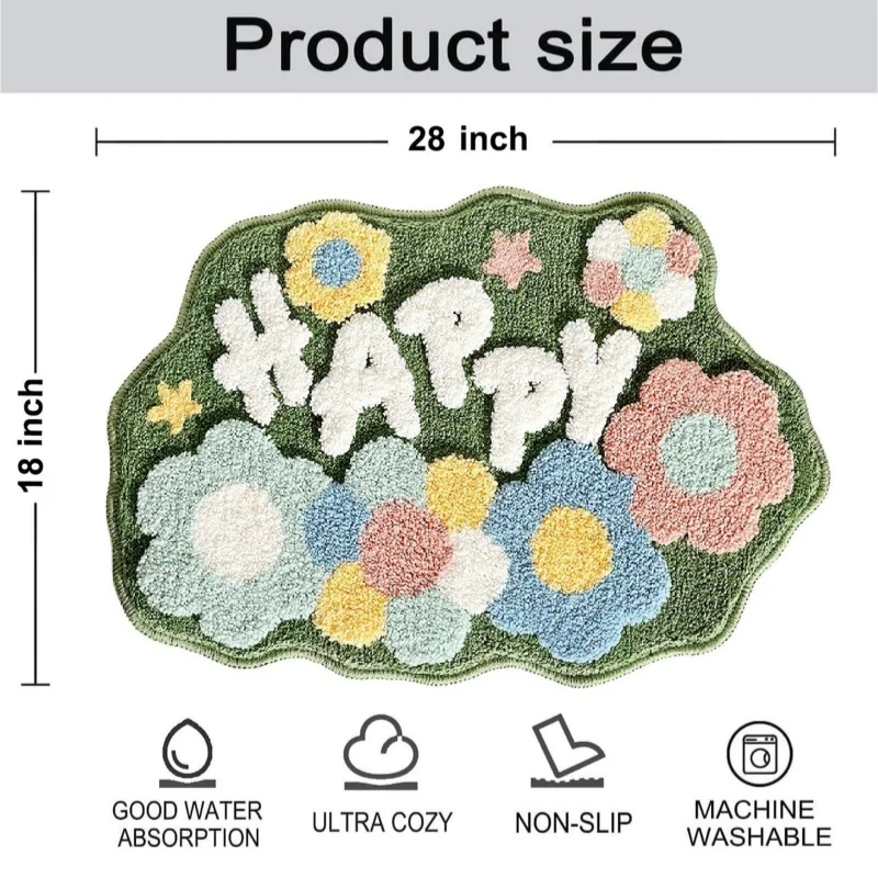 Mini Flower Rug Aesthetic Plush Green Carpet for Bathroom Antislip Soft Sunflower Tufting Mat Bedrooom Decoration Headboard Rug