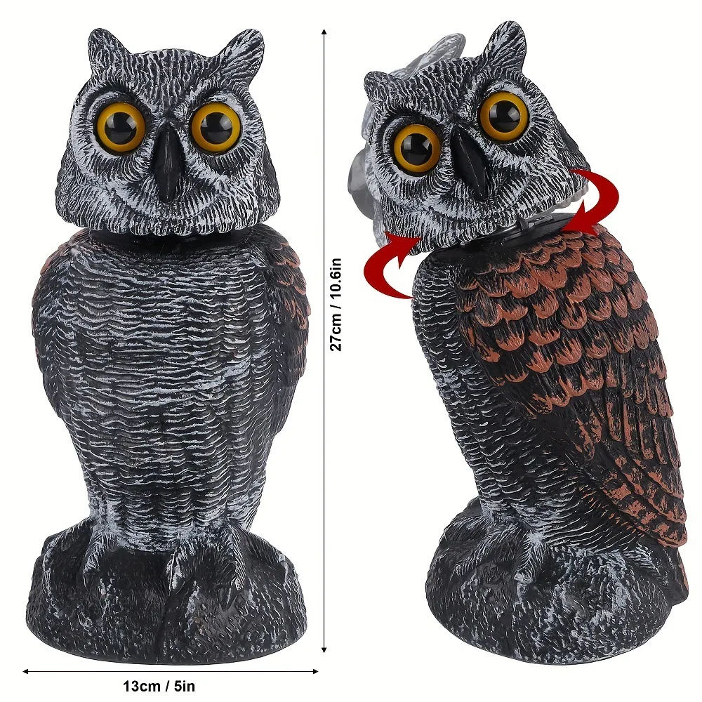 360° Rotation Fake Owl Decoys Statue Motion Activated Scarecrow Shaking Head Simulation Bird Deterrent Realistic