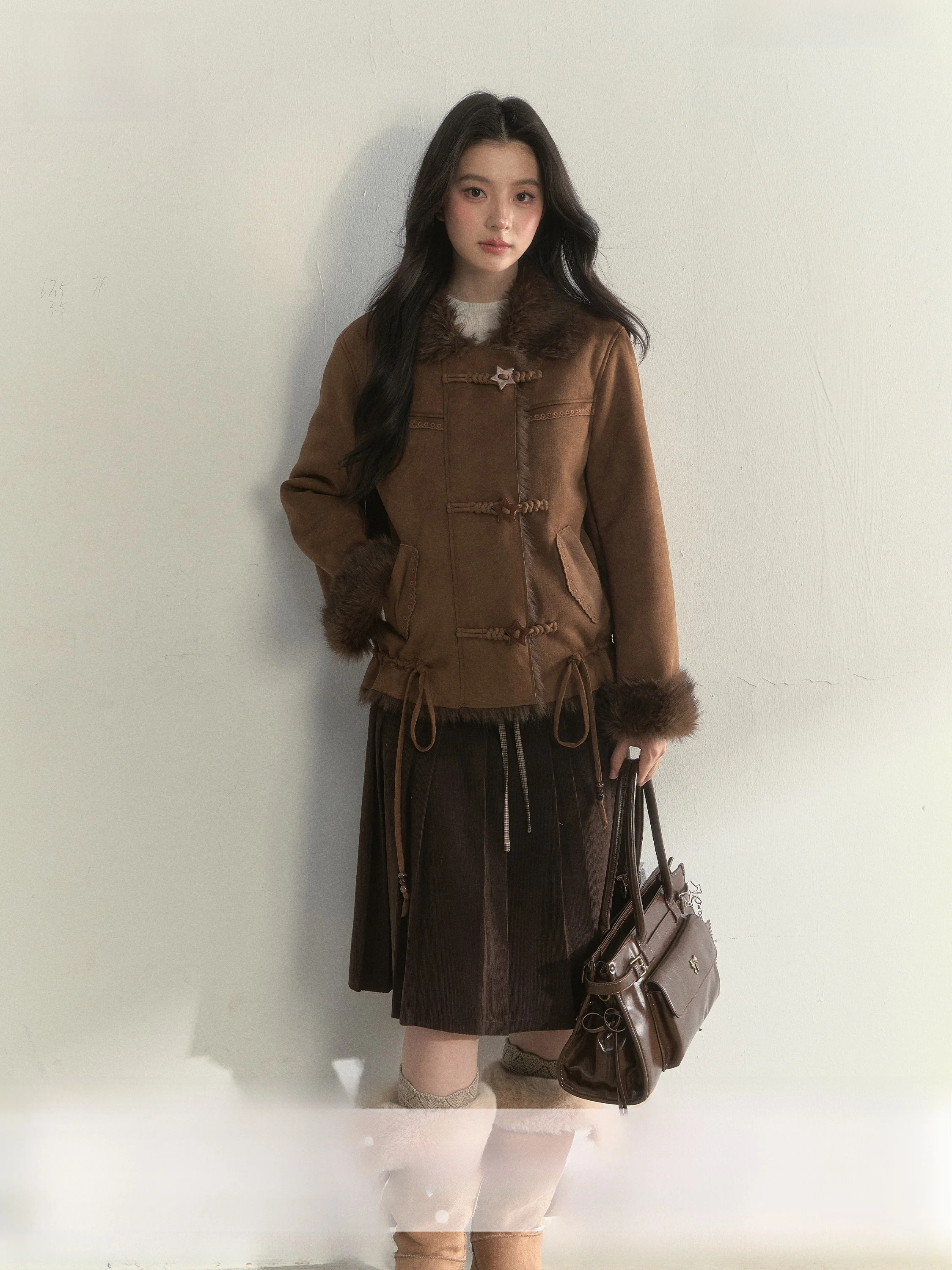 Manteau pour femme SunsetPark rétro en daim avec broderie et fausse fourrure, fermeture étoile bleue, fibre de polyester