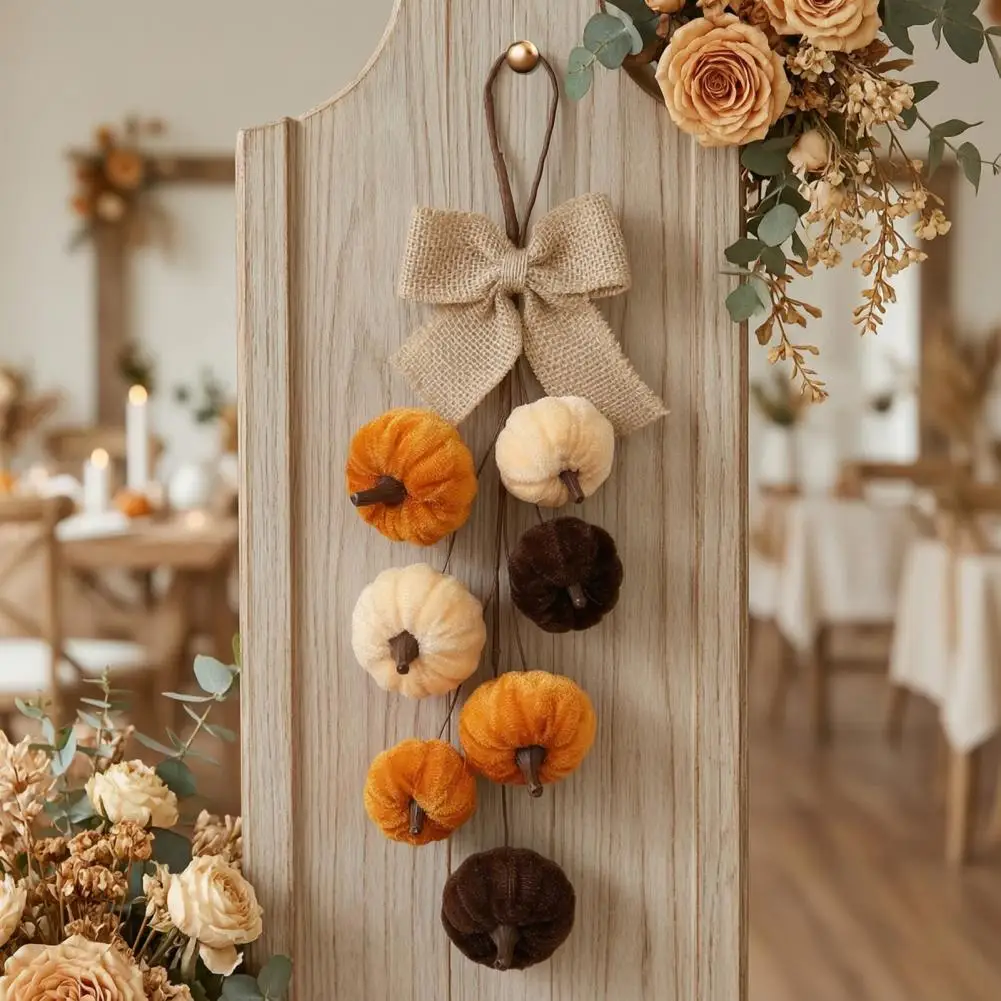 Thanksgiving Pumpkin Wreath, Artificial Velvet Pumpkin Ornament, Fall Harvest Hanging Teardrop Swag with Burlap Bow Home Decor