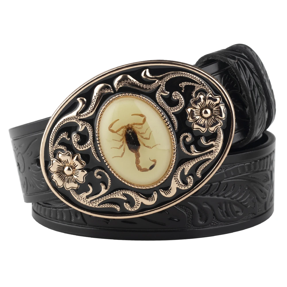 Glow Buckle Leather Embossed Belt Scorpion Decoration