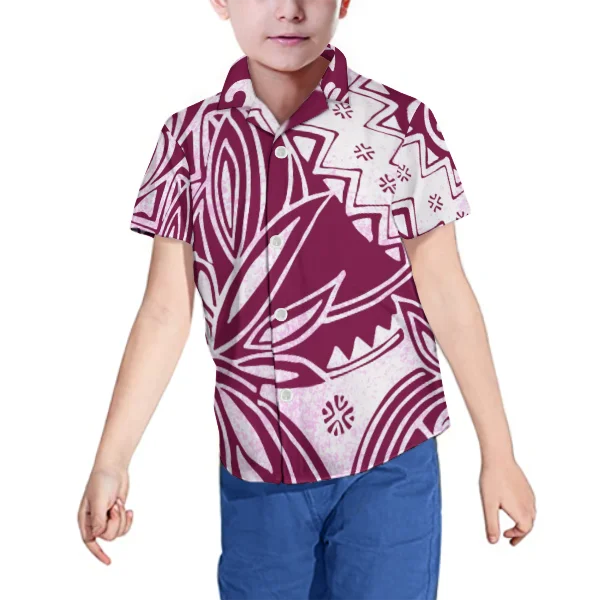 

1MOQ Summer Clothing Polynesian Tribal Fabrics Short Sleeve Buttons Shirts Boys Kids Printing Shirts Clothing for Youth