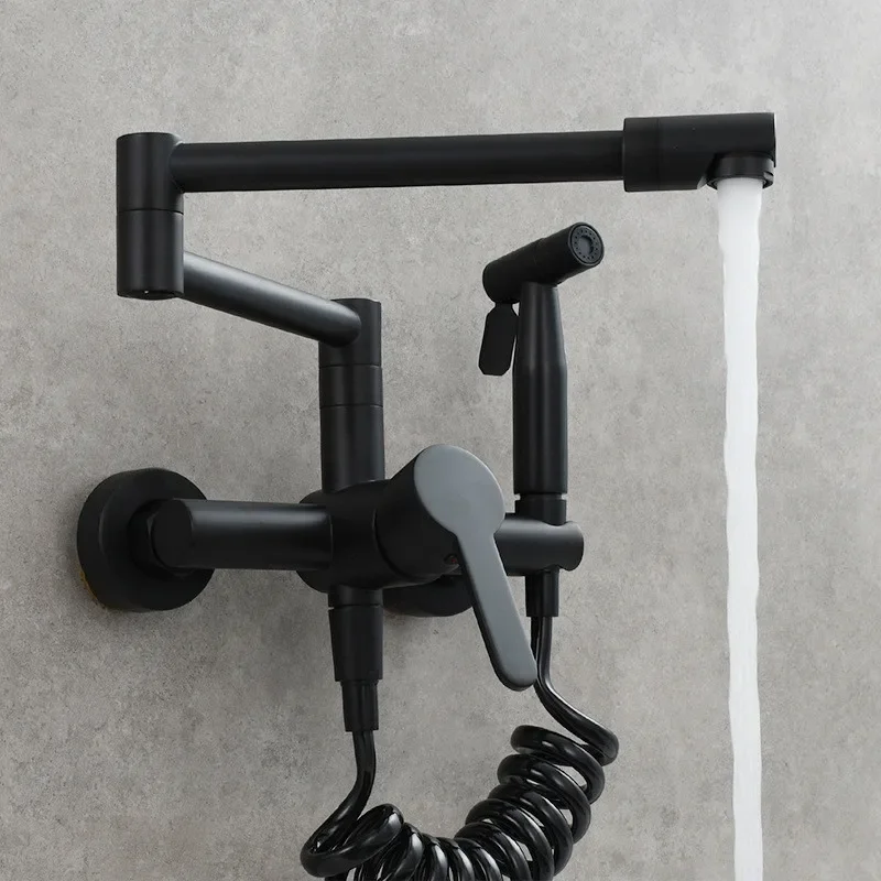 Black Pot Filler Tap Wall Mounted Foldable Nickel Kitchen Faucet Hot & Cold Brass Sink Tap Rotate Folding Spout Chrome