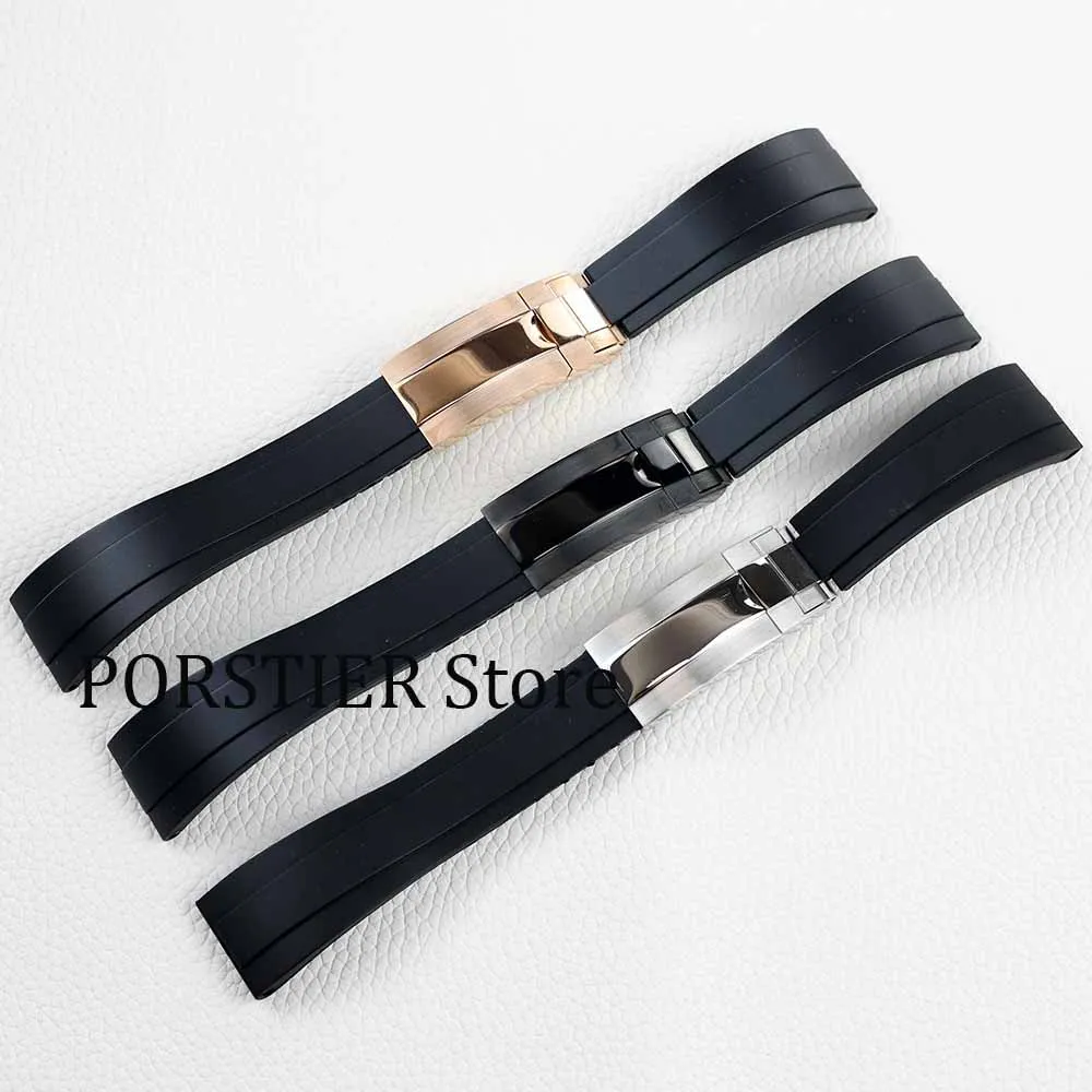 

20mm rubber watchband Silver Black Rose Gold strap folding safety buckle for datejust gmt yacht submariner NH35 Watch Case