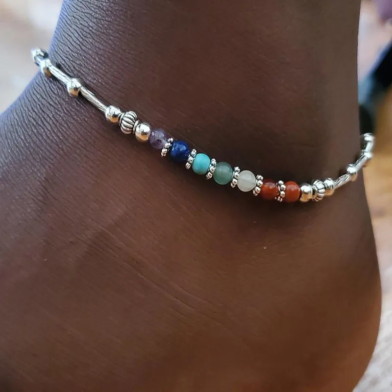 Chakra Gemstone & Lotus Charm Anklet - 7 Chakra Ankle Bracelet - Yoga Ankle