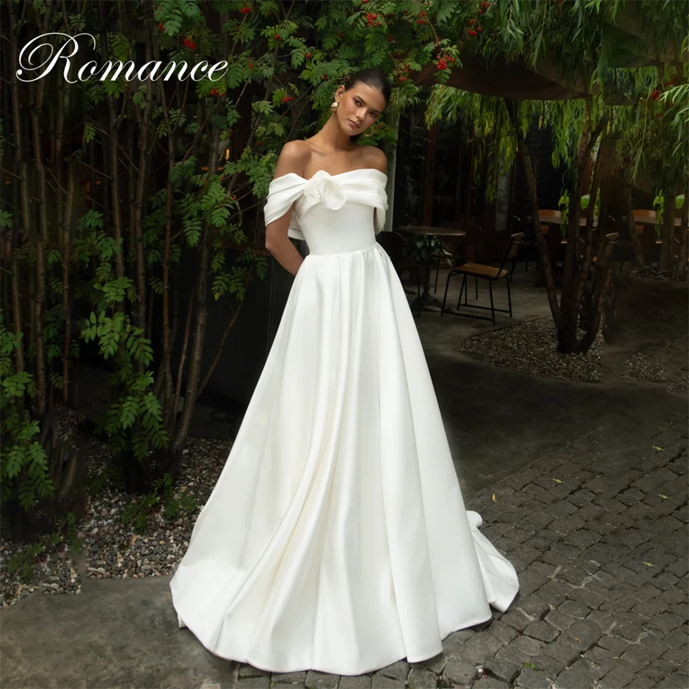 

Elegant Pleat Flowers A-Line Wedding Dress Women 2026 Off The Shoulder Stain Open Back Bridal Gown Vestidos De Novia Customized
