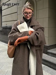 Women's Casual Solid Lapel Woolen Coat Single Breasted Pocket Long Sleeved Loose Long Overcoat Autumn High Street Chic Outerwear