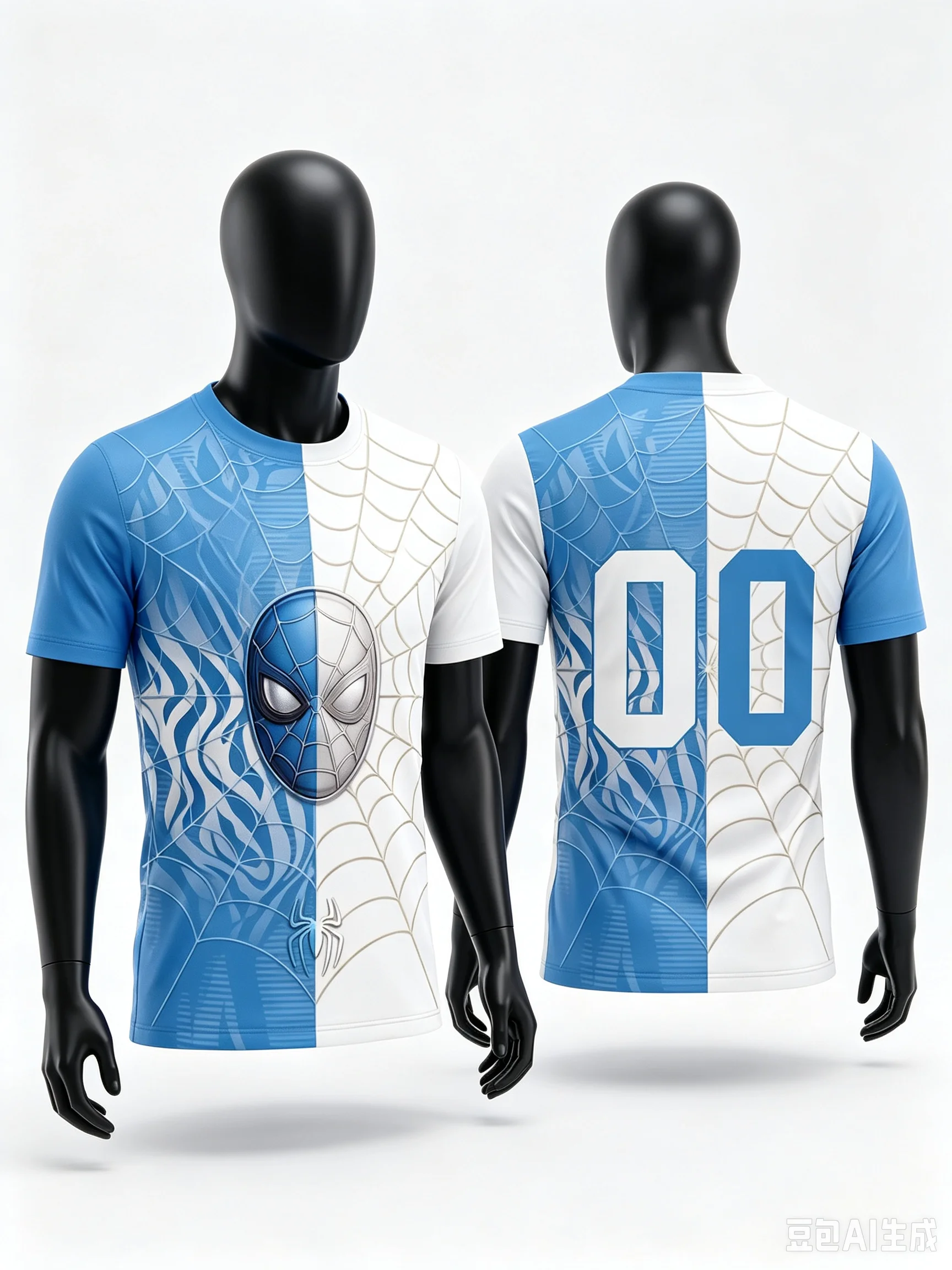 Parent‑child Spider Hero 00 Number Print Football Jersey Light Blue Stripe Short Sleeve T‑Shirt 100% Polyester Family Matching