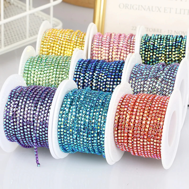 

PEESOM SS6 2mm Crystal Rhinestone AB Cup Chain With Colorful Claw Sew On Glass Rhinestone Trim Chain Strass Banding for DIY
