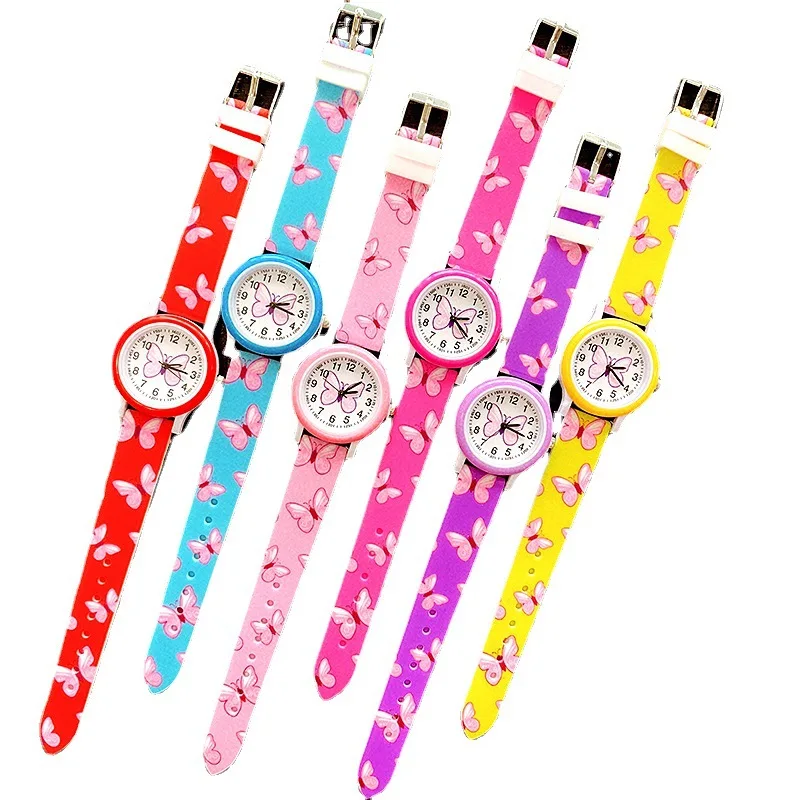 New Fashion Girls Watches Print Butterfly Cartoon Watch for Kids Silicone Strap Quartz Watch Childrens Cute Wristwatch Clock