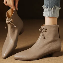 Women's sheepskin pointed toe back zip flats autumn ankle boots sweet bowtie casual female slim daily short booties shoes woman