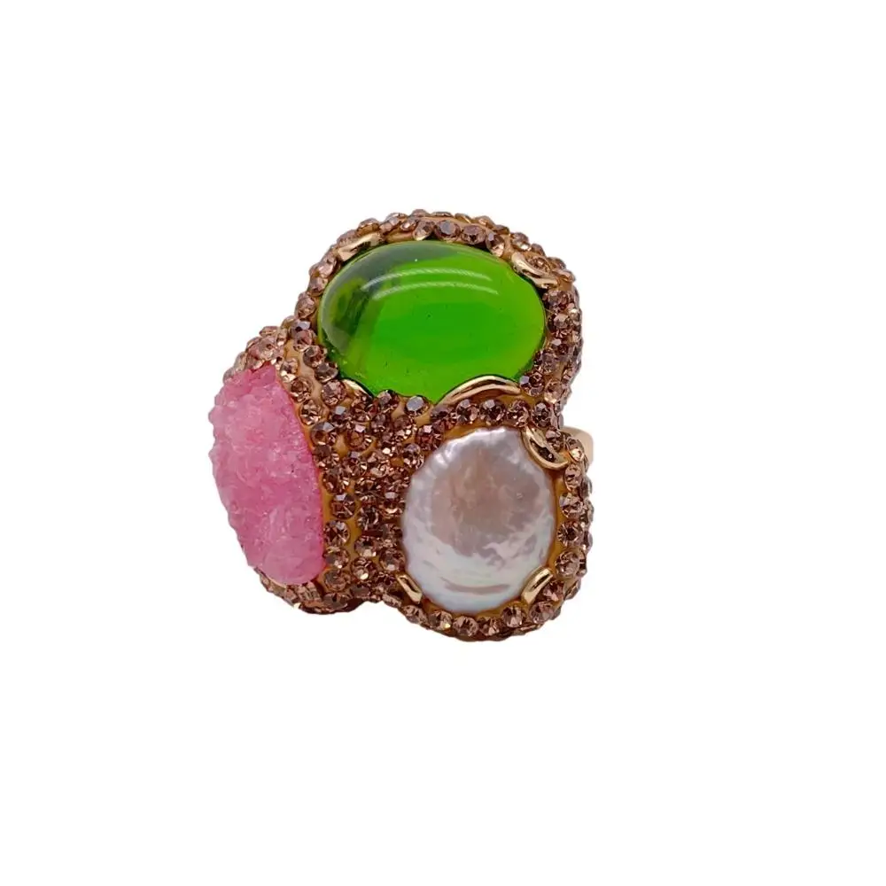 

Y·YING Cultured White Pearl Pink Agate Druzy Green Crystal Rings Adjustable Women Female Finger Ring