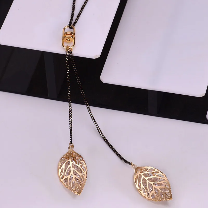 قلادة كريستال متعددة الاستخدامات بشرابة مزدوجة الورقة لخريف وشتاء طويل، قلادة سترة على شكل سلسلة من أوراق الشجر