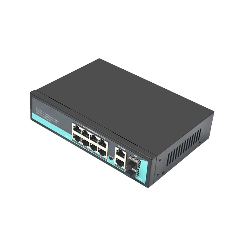 10/100/1000Mbps 8 Port PoE Switch 2 RJ45 Uplink 2 SFP 120W Power Supply Desktop Wall Mount Surveillance Business