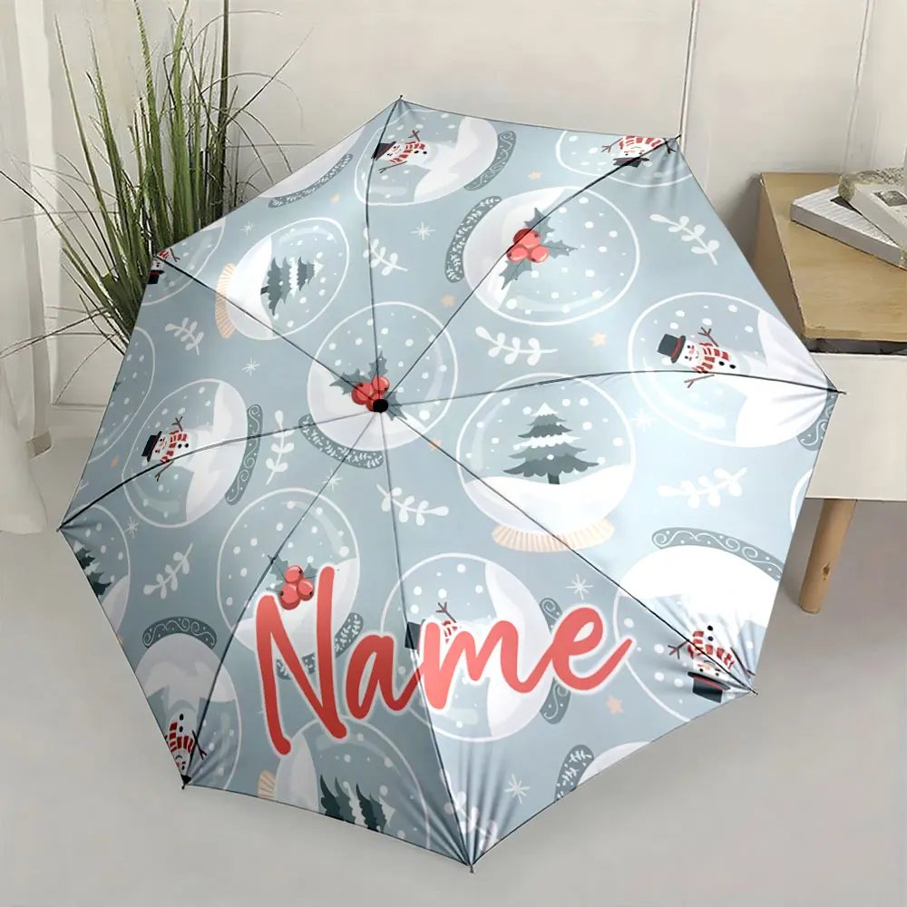 Custom Name Snowman and Snow Globe Pattern Umbrella Design Print 8 Iron Ribs Folding Umbrella Auto-Open Fashion Sunshade