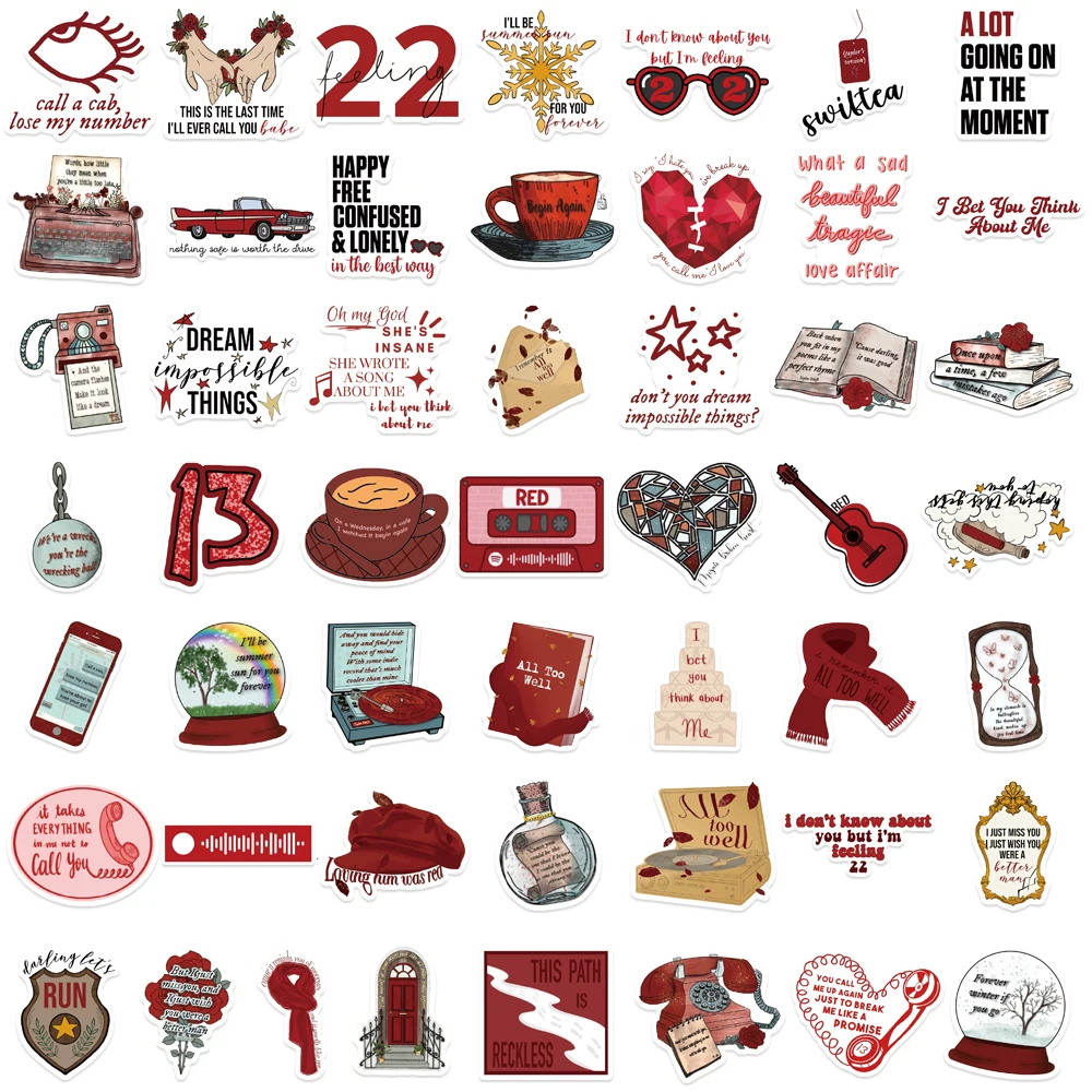 50pcs Singer Taylor Red Album Surroundings Sticker for Phone Case Book Guitar Stationery Craft Supplies Sticker Vintage Material