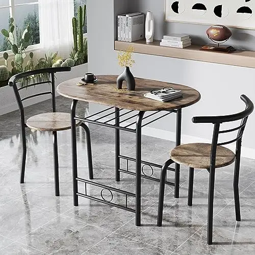 3-Piece Wooden Round Table & Chair Set, Space Saving Kitchen Breakfast Nook Wood Grain Tabletop with Metal Frame and