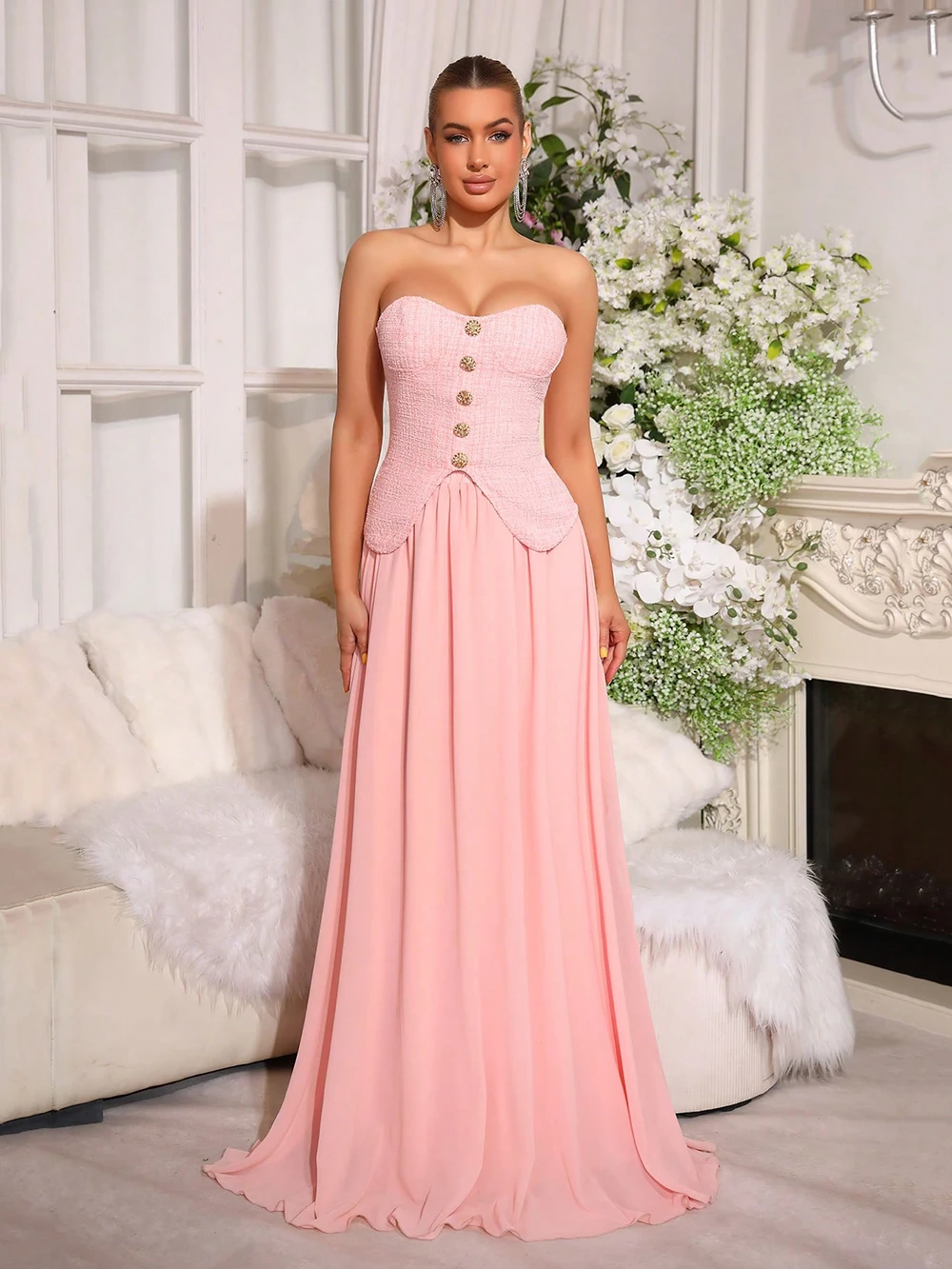 Modphy 2026 Elegant woolen Top Gauze Long Skirts Two Piece Sets Women Strapless Tops Skirt Summer Chic Party Woman Outfits