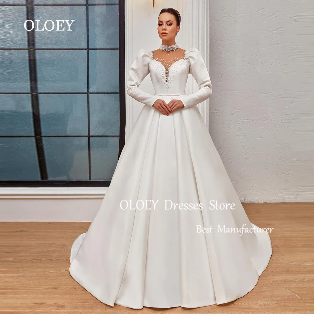 OLOEY-Vestido de noiva modesto de pérolas, vestido de casamento marfim, vestido de noiva, gola alta, mangas puff, linha A, personalizado, 2022