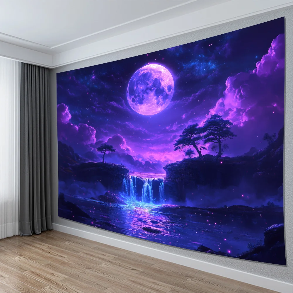 1pc Cosmic Moon and Stars Tapestry - Vibrant Purple Night Sky with Full Moon, Waterfall, and Magical Orbs - Polyester Wall