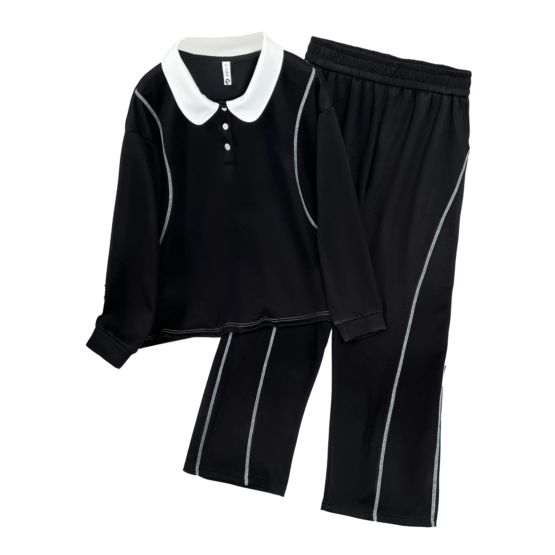 

XXXXL Fashion Plus Size Women's Sets Autumn New Casual Youthful color-blocking Peter Pan Collar Top And Long Pants Two Piece Set