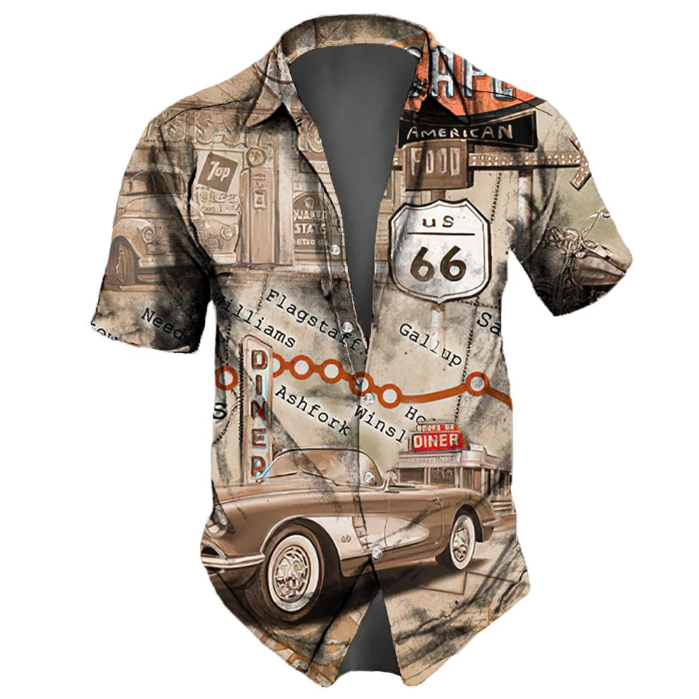 Heren Shirt Route 66 Retro 3d Mode Shirt Voor Man Hawaiiaans Shirt Streetwear Knoop Tops Met Korte Mouwen Dagelijks Feest Herenkleding