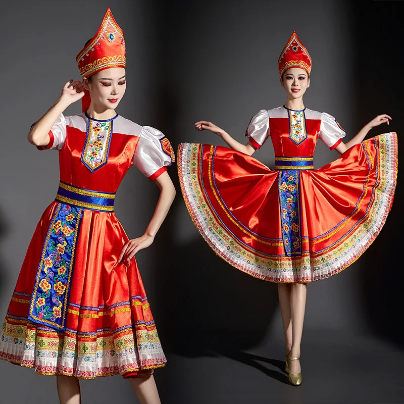 Vestido de baile tradicional ruso rojo para mujer, ropa de Festival de Año Nuevo, vestido clásico de Reina Real (sombrero + ropa)