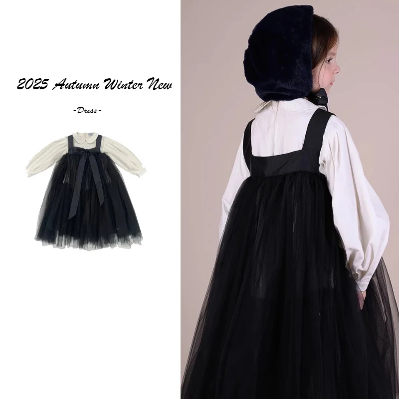 

2025 Autumn Winter New RAS Children's Clothing Brand White Shirt Black Soft Layer Chiffon Dress Mesh Set Girls' Tank Top Skirt