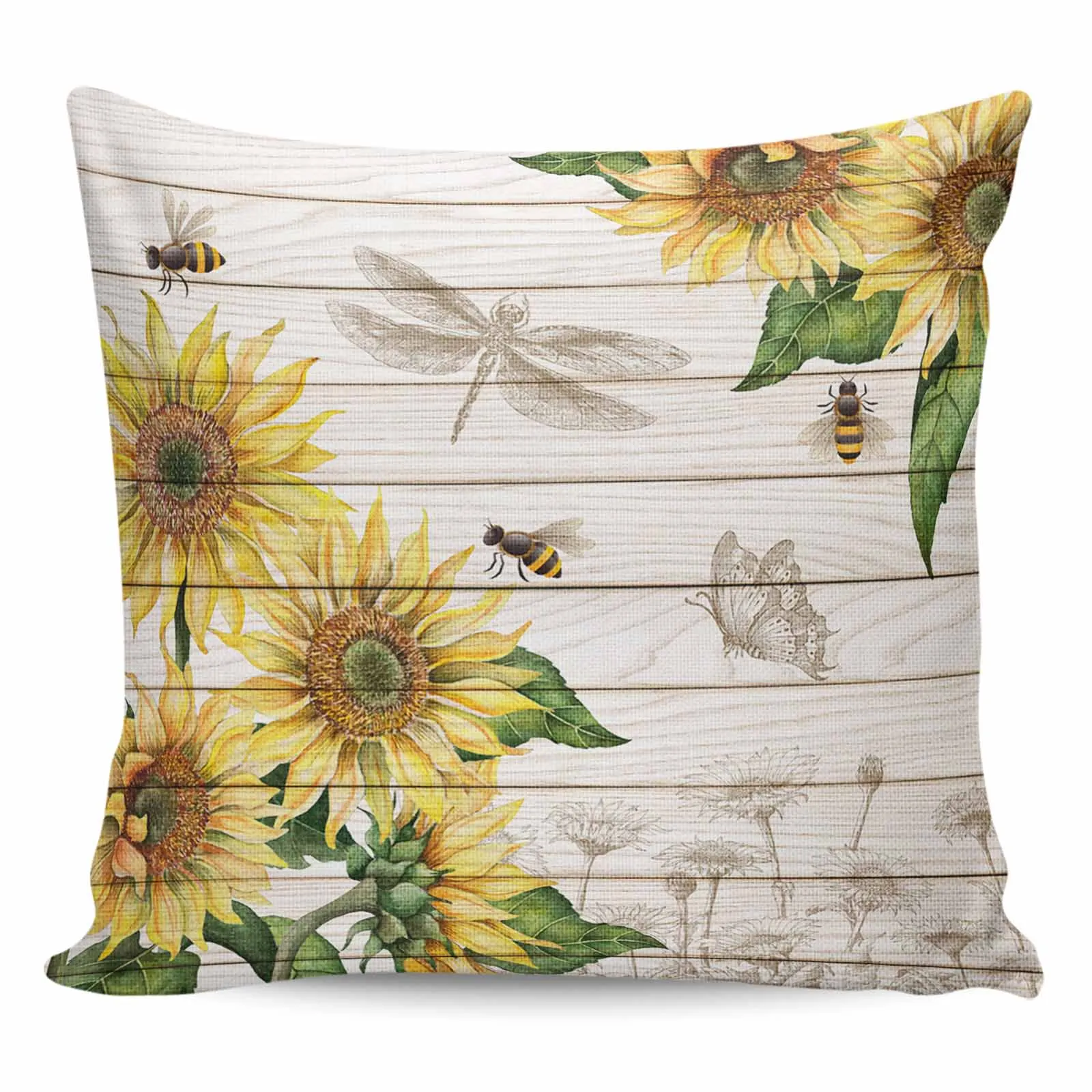 2/4PCS Waterproof Pillow Cover Sunflower Bee Butterfly Wood Texture Square Throw Pillowcase Home Decoration Sofa Cushion Cover