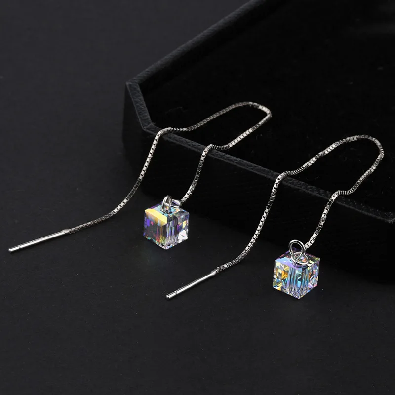 Elegant Sugar Cube Crystal Thread Dangle Drop Earrings for Women Line Trend Korean Fashion Luxury Wedding Party Banquet Jewelry